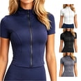 thumbnail image 1 of WEIGFI Workout T-Shirts For Women Loose Fit Zip Up Tops Yoga Running Stand Collar Short Sleeve Lightweight Clothes Solid Color Trendy Relaxed Beach Daily Wear,Blue,L, 1 of 5