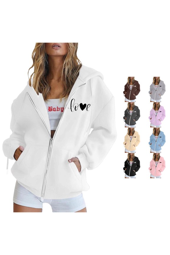 Zip Up Hoodie For Women Graphic Jacket Hooded Love Heart Print Sweatshirt Oversized Coat With Pocket Soft Long Sleeve Casual Fall Winter Relaxed Street Daily Wear,White,S