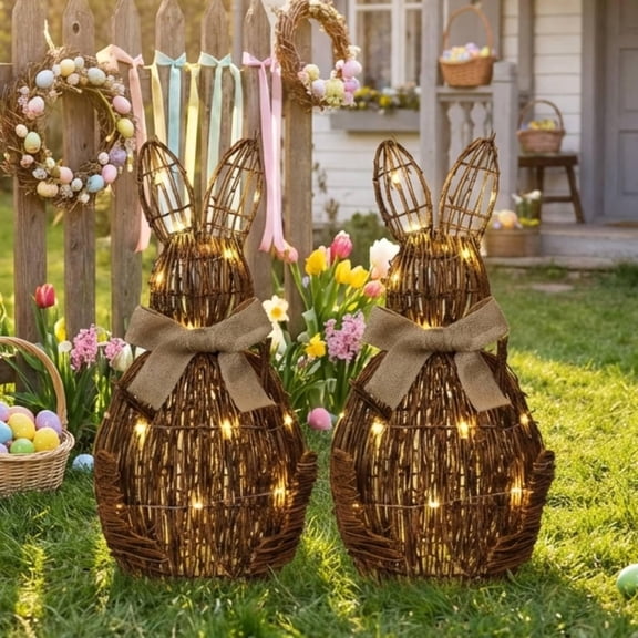 WEIH 20 Inch Lighted Rattan Easter Bunny Decorations, Handwoven Wicker Rabbit with LED Warm Glow, Battery Operated Spring Holiday Ornaments for Home Mantel Tabletop Entryway, Farmhouse Easter Decor