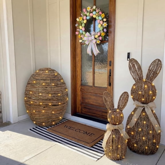 WEIH 3-Piece Light Up Rattan Easter Bunny & Egg Decor Set - 28" Large Wicker Rabbit Topiary with Warm LED Lights - Sturdy Woven Outdoor Porch & Garden Decorations - Modern Farmhouse Spring Home Decor