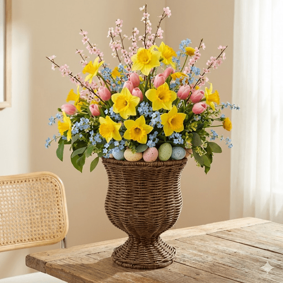 WEIH 8 Inch Goblet Woven Planter Urn Shape, Dcorative Wicker Flower Pot Decorative Storage Basket and Planter for Porch Patio Backyard Brown