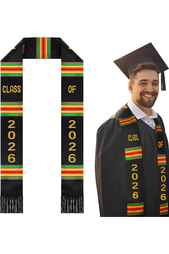 Class of 2026 Graduation Stole, Kente Inspired African Heritage Honor Sash, Unisex Graduation Gown Accessory for High School and College, Black with Traditional Stripe Patterns