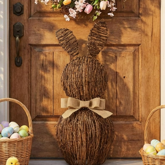 WEIH Easter Rattan Bunny with Bow Easter Decor, 24" Table Wicker Bunny Easter Decorations Spring Bunnies Decoration Statue Figurine Rattan Rabbit Farmhouse Decor for Home Table Kitchen Porch
