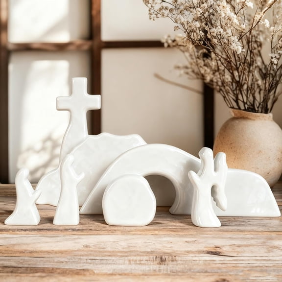 WEIH Empty Tomb Easter Scene and Cross Decoration, Ceramic Resurrection Scene Cross Jesus Tomb Decor, Christmas Decoration Jesus Nativity Scene for Religious Home Office Tabletop Christian Gifts