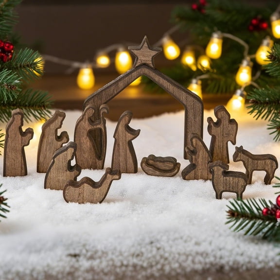 WEIH Wooden Nativity Scene Set, 13Pcs Easter Nativity Scene with Manger Miniature Holy Family Figurines, Rustic Nativity Sets & Figures for Kids Easter Indoor Decor