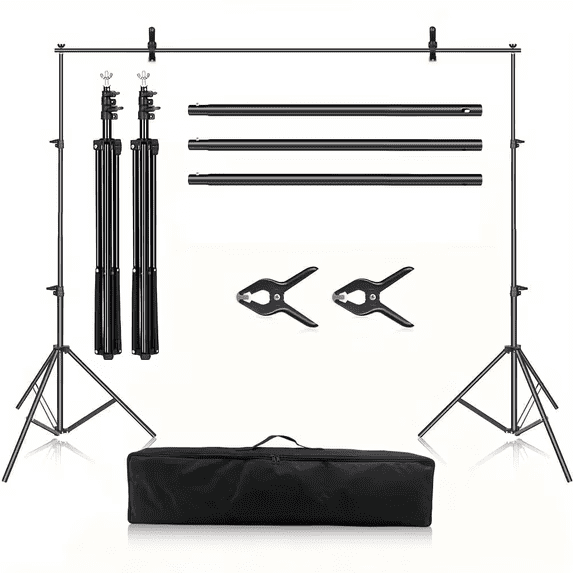 HVKDIEB Adjustable Background Stand, 8ft Height x 10ft Wide Adjustable Photo Video Backdrop Stand with Carry Bag, Clamps for Wedding Party Stage Decoration,Black,1 set
