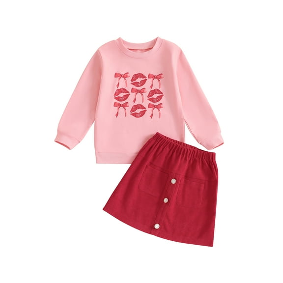 WEIKBMOL 2Pcs Little Girls Valentines Day Clothes 6M 1T 2T 3T 4T 5T Kids Toddler Girls Casual Spring Outfits Long Sleeve Bow Lip Print Sweatshirt +Button A-line Skirt Set