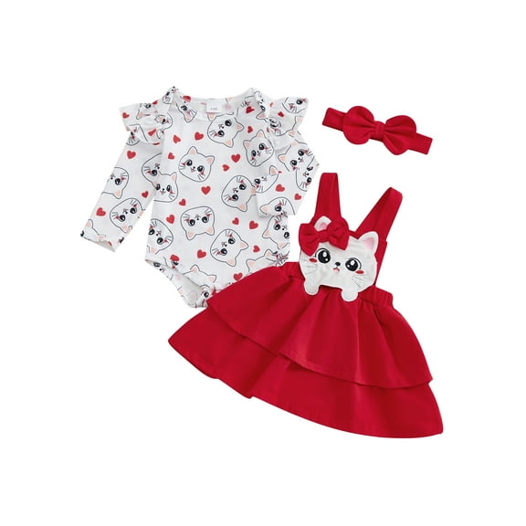 WEIKBMOL 3Pcs Newborn Baby Girls Skirt Set 3 6 9 12 18 Months Infant Girls Spring Outfits Long Sleeve Crew Neck Cat Print Romper Suspender Skirt Headband Set