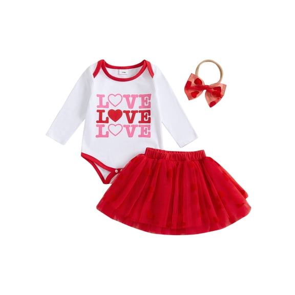 WEIKBMOL 3Pcs Newborn Baby Girls Valentines Day Clothes 3 6 12 18 Months Infant Girls Spring Outfits Long Sleeve Crew Neck Letter Heart Print Romper Tulle Skirt Headband Sets