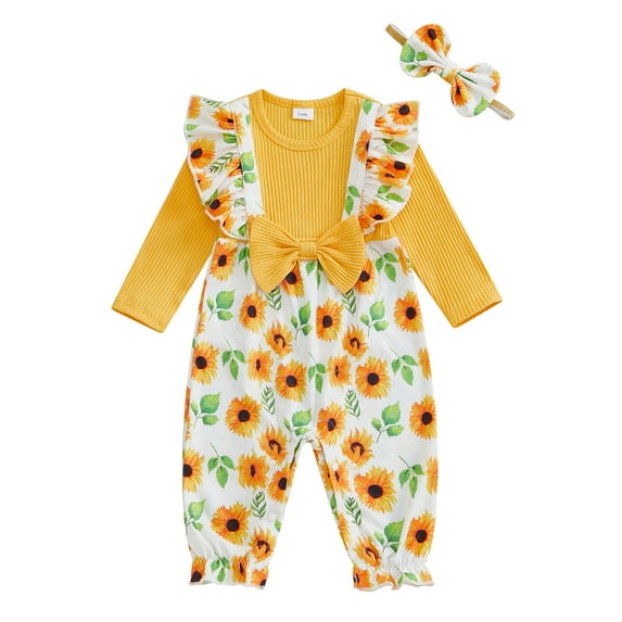 WEIKBMOL Baby Girls Romper Floral Bow Print Long Sleeve Jumpsuits +Headband Set 3 6 9 12 18 Months Infant Girls Spring Fall Clothes