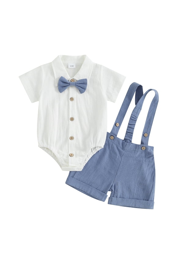 Infant Baby Boys Gentleman Suit Outfit Short Sleeve Romper Shirt with Bow Tie Suspender Shorts 2Pcs Newborn Summer Clothes Set for Formal Wear