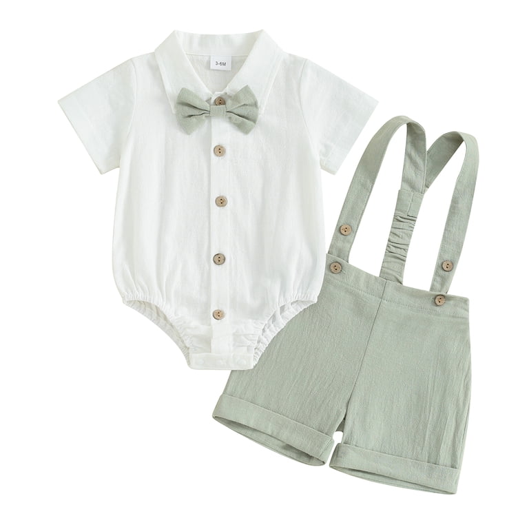 Toddler Boy's White Short Sleeve Lapel Shirt & Suspenders Shorts Suit - Summer Gentleman Outfit