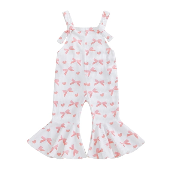 WEIKBMOL Kids Girls Bib Overalls Knotted Straps Bow Print Sleeveless Flared Jumpsuit Suspender Pants for Toddler Baby