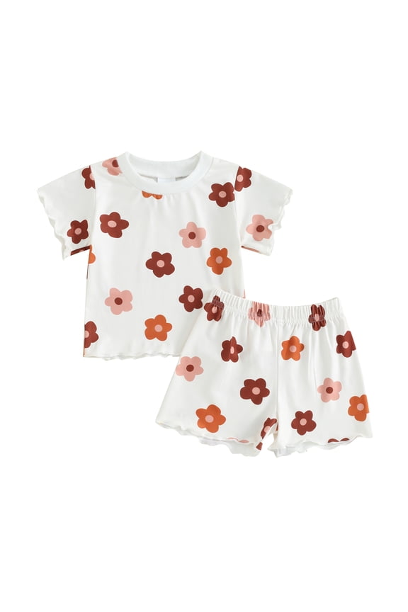 Toddler Baby Girls Summer Outfits 6M 1T 2T 3T 4T Short Sleeve Floral Print T-Shirts Tops Elastic Shorts Set 2Pcs Infant Casual Clothes Set 6-12 Months