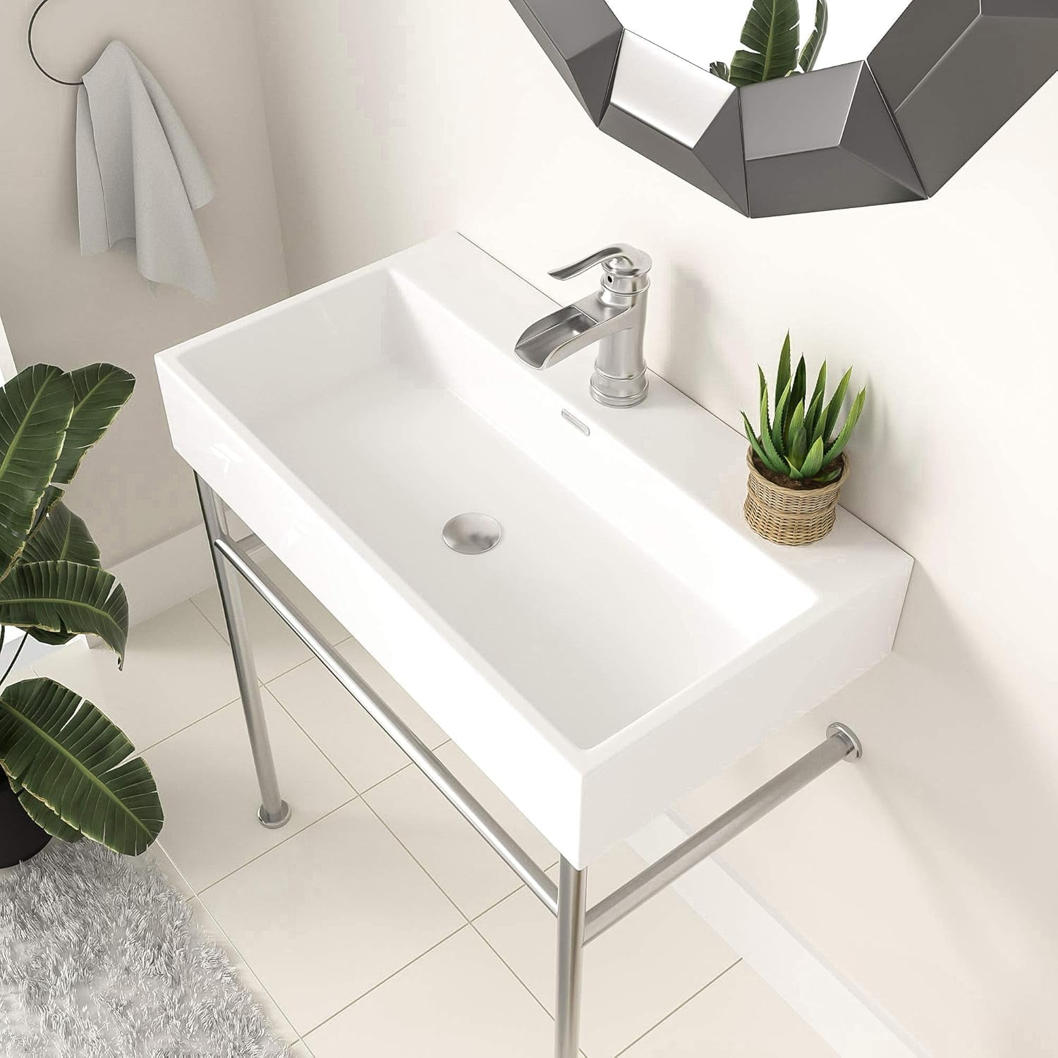 WEIKE Bathroom Console Sink With Chrome Support Legs 30 Inch Ceramic ...