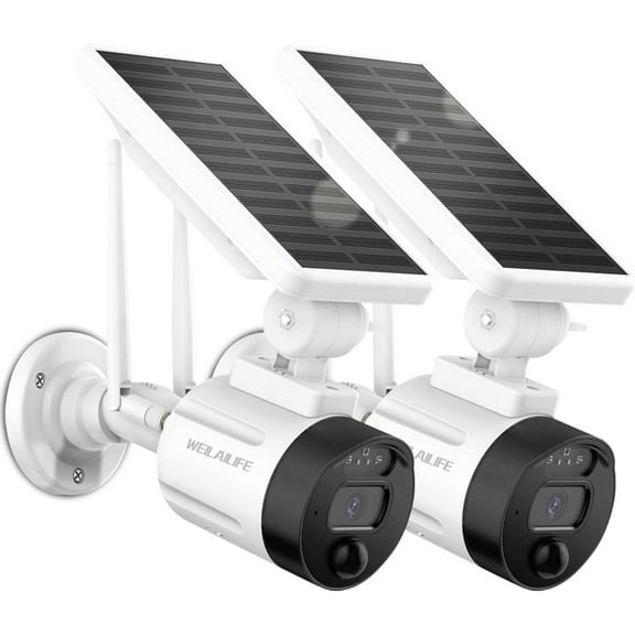 WEILAILIFE 2K Wireless Wi-Fi Solar Security Camera, Outdoor Rechargeable Battery Surveillance Camera with Solar Panel, AI Detection, Night Vision, Dual Antenna (2 Pack)
