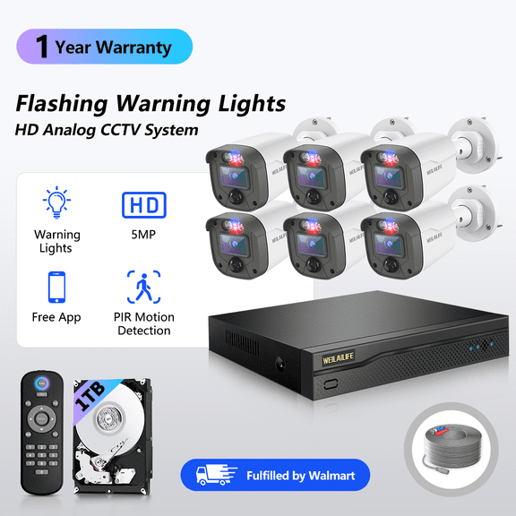 WEILAILIFE 5MP Wired Security Camera System with Red & Blue Warning Lights, 6CH DVR 1TB HDD