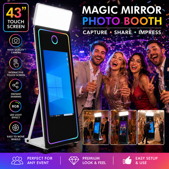 WEILEHAPPY 65 inch Magic Mirror Photo Booth Machine with 43" Interactive Touch Screen, RGB Lights, Software & Flight Case for Weddings, Parties, Corporate Events Rental