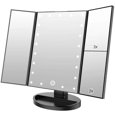 WEILY Makeup Mirror with 21 LED Lights,Two Power Supply Modes, Adjustable Touch Screen and 1x/2x/3x Magnification Tri-Fold Vanity Mirror, Gift for Womenï¼ˆBlackï¼‰