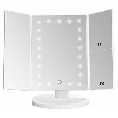 Lighted Makeup Mirror, Tri-fold Vanity Mirror with 3X/2X/1X Magnification,21 Natural LED Nights and Touch Screen, Batteries and USB Power Supply Adjustable Tabletop Cosmetic Mirror (White)