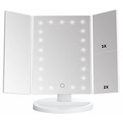 Lighted Makeup Mirror, Tri-fold Vanity Mirror with 3X/2X/1X Magnification,21 Natural LED Nights and Touch Screen, Batteries and USB Power Supply Adjustable Tabletop Cosmetic Mirror White