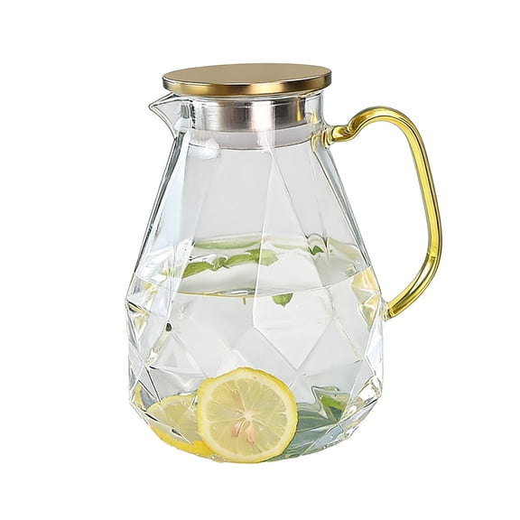WEIOUKC 2200ml Glass Pitcher with Gold Lid,Pattern Design Heat-Resistant Carafe with Handle For Juice, Milk, Cold Or Hot Beverages