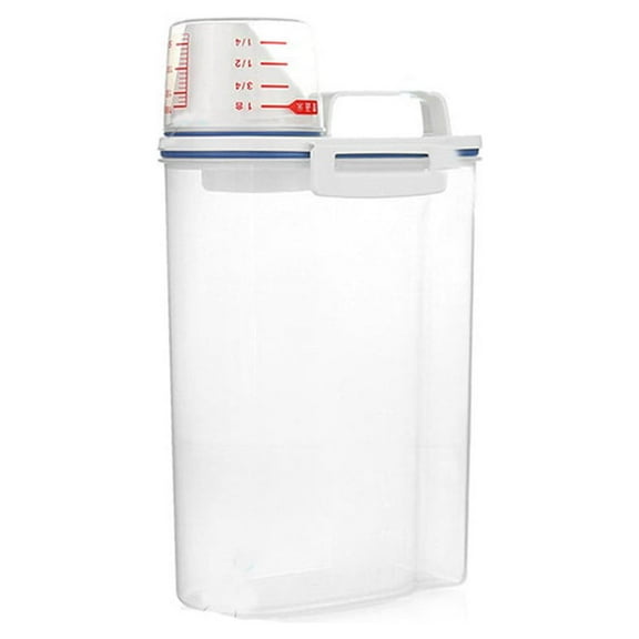 WEIOUKC 2L Cereal Dispenser Storage Box,Rice Storage Container with Measuring Cup Lid, Transparent Body, Space-Saving Design for Oatmeal, Flour, Nuts