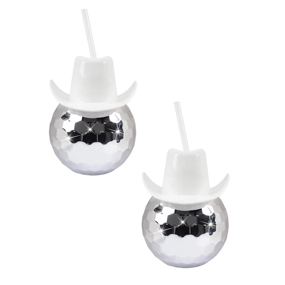 WEIOUKC 2PC Disco Ball Cups with Cowboy Hat and Straws,Novelty Sparkly Tumbler Cups, for Party, Bridal Shower