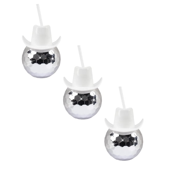 WEIOUKC 3PC Disco Ball Cups with Cowboy Hat and Straws,Novelty Sparkly Tumbler Cups, for Party, Bridal Shower