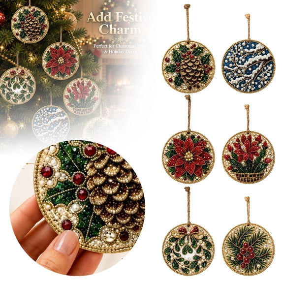 WEIOUKC 6PCS Wooden Christmas Ornaments Diamond Painting Kits for Adults, Christmas Diamond Art Hanging Pendant DIY Single-Side Craft Kit, for Tree & Wall Decor