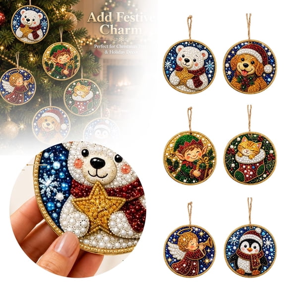 WEIOUKC 6PCS Wooden Christmas Ornaments Diamond Painting Kits for Adults, Christmas Diamond Art Hanging Pendant DIY Single-Side Craft Kit, for Tree & Wall Decor