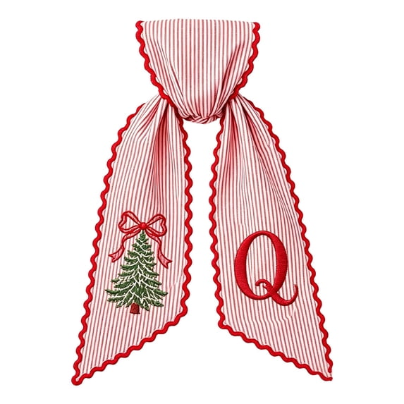 WEIOUKC Christmas Wreath Sash for Front Door, Red & White Striped Fabric Wreath Bow Sash with Embroidered Letter & Christmas Tree, Festive Hanging Decoration for Home