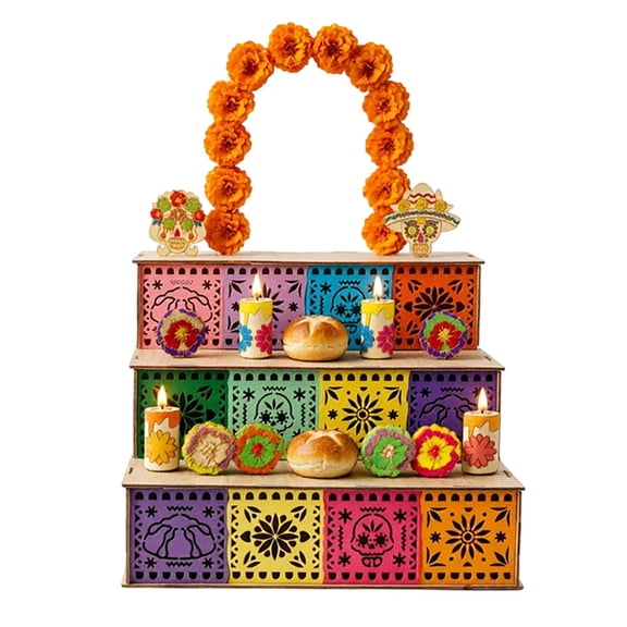 WEIOUKC Elegant Day of the Dead Ofrenda Altar Wooden Shadow Box, Tiered Memorial Display with Photo Holders, Dia de los Muertos Remembrance Decor for Home Altar