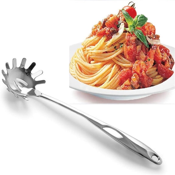 WEIOUKC Kitchen Stainless Steel Spaghetti Spoon,Pasta Fork, Pasta Spoon,Rustproof 201 Food-Grade Pasta Spoon with Ergonomic Handle,Heat-Resistant, Dishwasher Safe, Kitchen Cooking Utensil