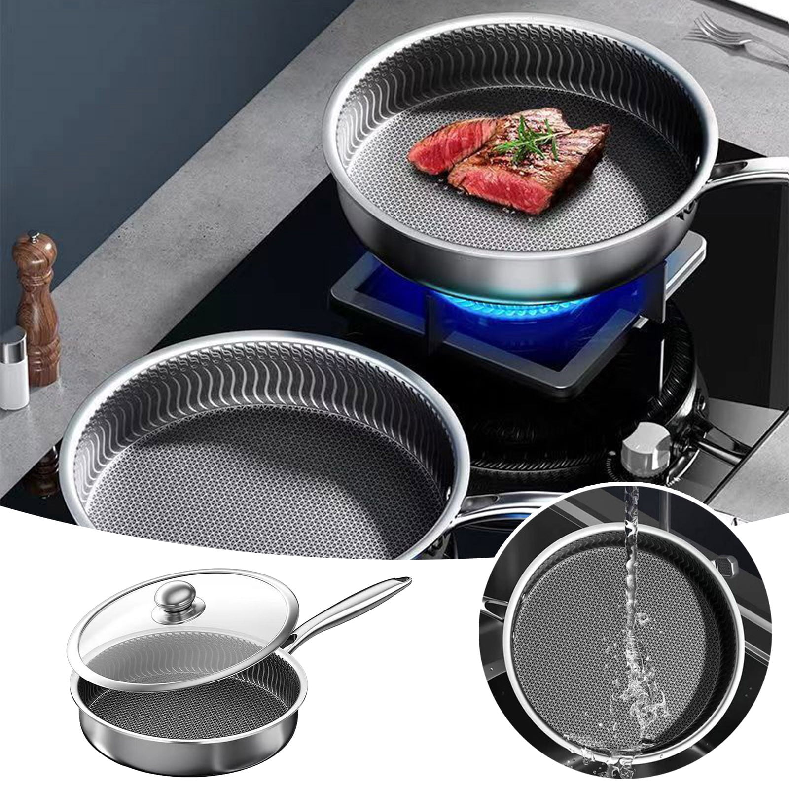 WEIOUKC Non Stick Frying Pan Skillet with Lid,Full Body,Double-Sided Honeycomb Skillet,Durable Skillet for Home & Outdoor Cooking, Easy Clean Egg Steak Pan