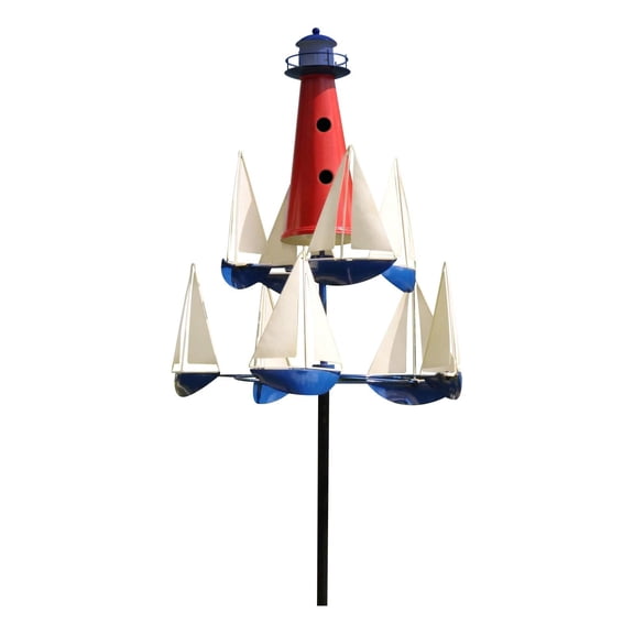 WEIOUKC Sailboat Windmills Kinetic Art Wind Sculpture, Red White & Blue Metal Yard Spinner, Independent Rotating Outdoor Ornament for Outdoor Yard Garden