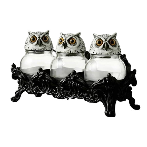 WEIOUKC Set of 3 Witchy Owl Glass Storage Jars with Owl Lids, Gothic Kitchen Food Containers with Decorative Stand, Resin Owl Head Lids, Versatile Spice Seasoning Canisters for Home Decor