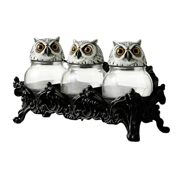 WEIOUKC Set of 3 Witchy Owl Glass Storage Jars with Owl Lids, Gothic Kitchen Food Containers with Decorative Stand, Resin Owl Head Lids, Versatile Spice Seasoning Canisters for Home Decor