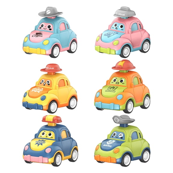 WEIOUKC Smart Press & Go Friction Car Set, 6 Mini Self-Driving Vehicles with Funny Faces, Push Toy for Little Ones Ages 1-3, No Battery Needed