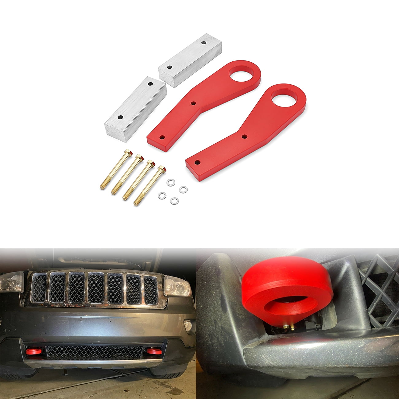 WEISEN - For 11-20 Jeep Grand Cherokee WK2 CNC Heavy Duty Steel Front Tow  Hooks Recovery Point Red Powder Coat 
