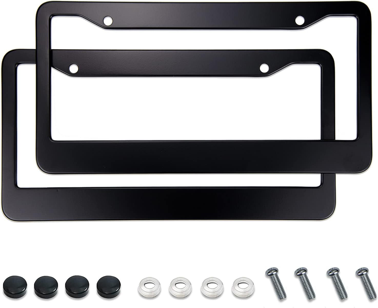 2-Pack Black Stainless Steel License Plate Frames With Screw Caps - Universal Fit