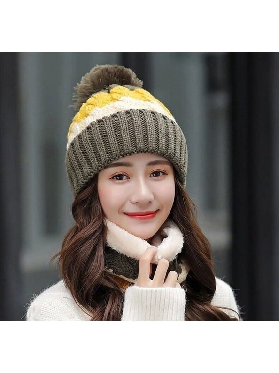 2Pcs/Set Winter Women Hat and Scarf Set Soft Warm Pompoms Cable Beanie Hat Knitted Cap Thick Neck Scarf