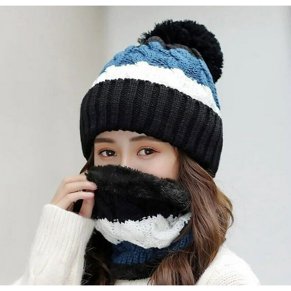 WEISIPU 2Pcs/Set Winter Women Hat and Scarf Set Soft Warm Pompoms Cable Beanie Hat Knitted Cap Thick Neck Scarf