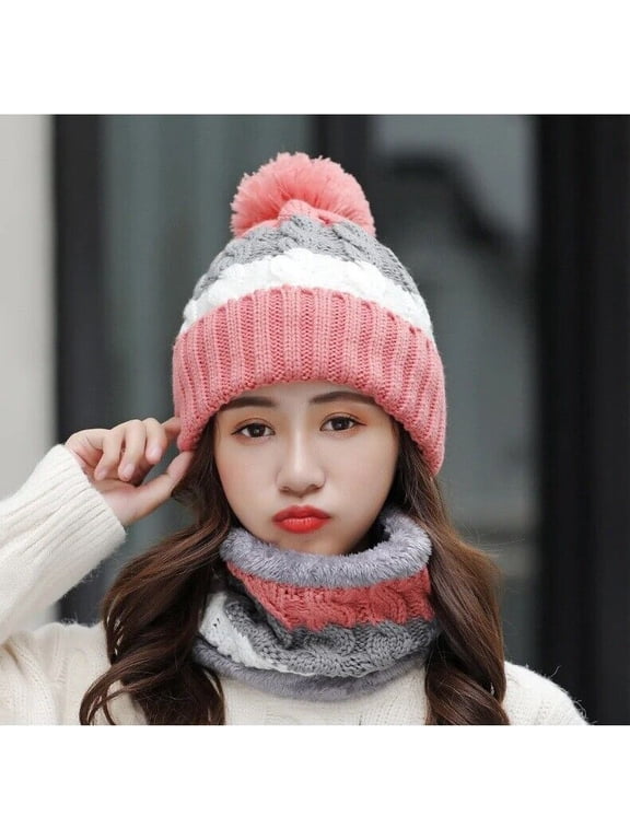 2Pcs/Set Winter Women Hat and Scarf Set Soft Warm Pompoms Cable Beanie Hat Knitted Cap Thick Neck Scarf