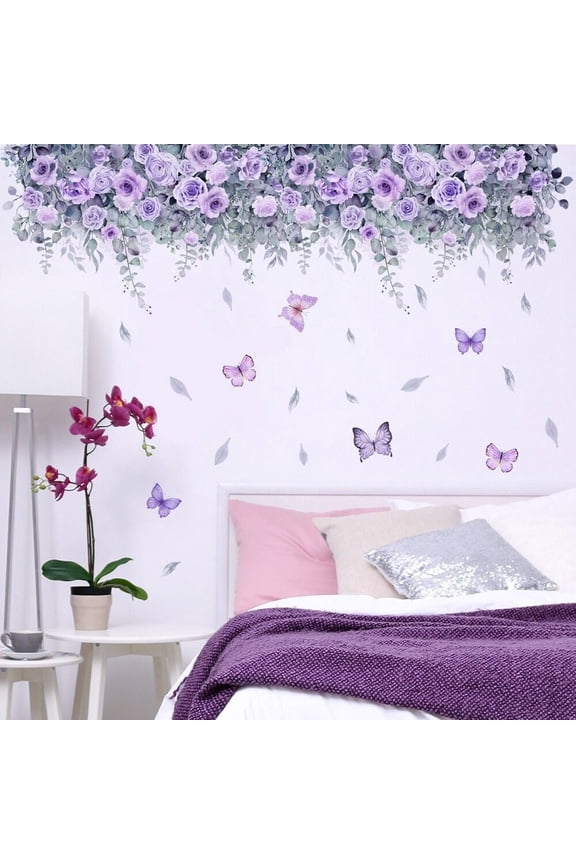Romantic Purple Flowers Wall Stickers Butterfly Leaves Home Decor Decals for Girls Bedroom Living Room Nursery
