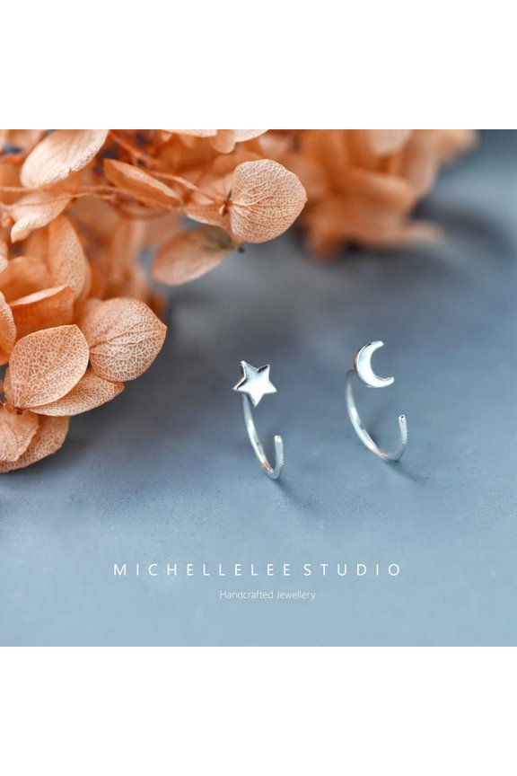 Sterling Silver Moon and Star Huggie Hoop Threader Earrings, Tiny Minimalist Earrings for Women