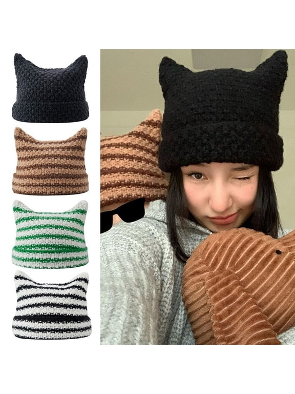 Women Striped Beanie Hat Cute Cat Ears Winter Warm Cap Little Devil Knitted Hat