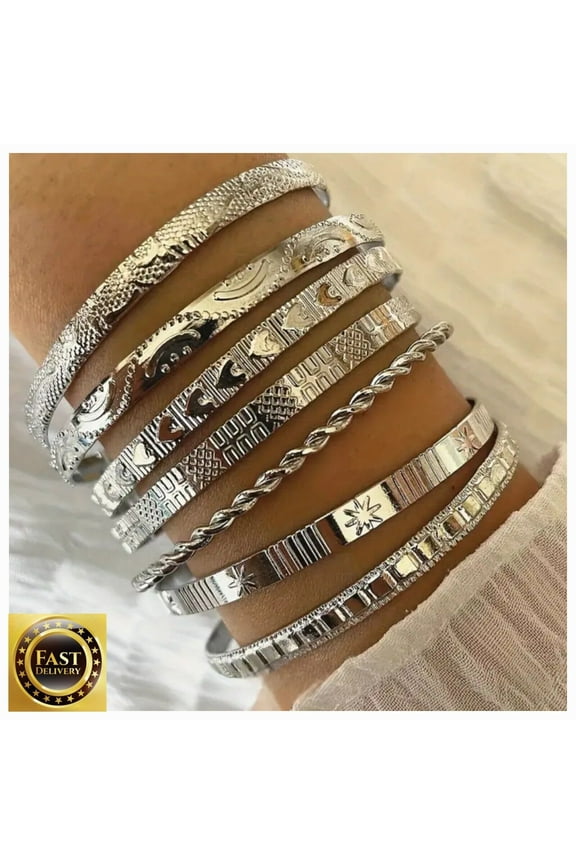 Womens Silver Bracelet Set of 7 Bangle Stackable Cuff Bracelet Set Textured Boho Fashion Jewelry Gift for Women