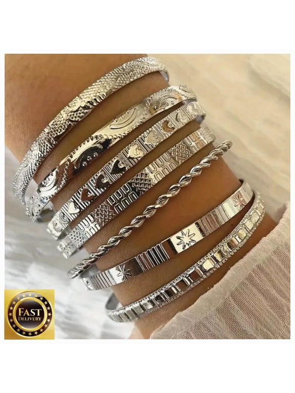 Womens Silver Bracelet Set of 7 Bangle Stackable Cuff Bracelet Set Textured Boho Fashion Jewelry Gift for Women