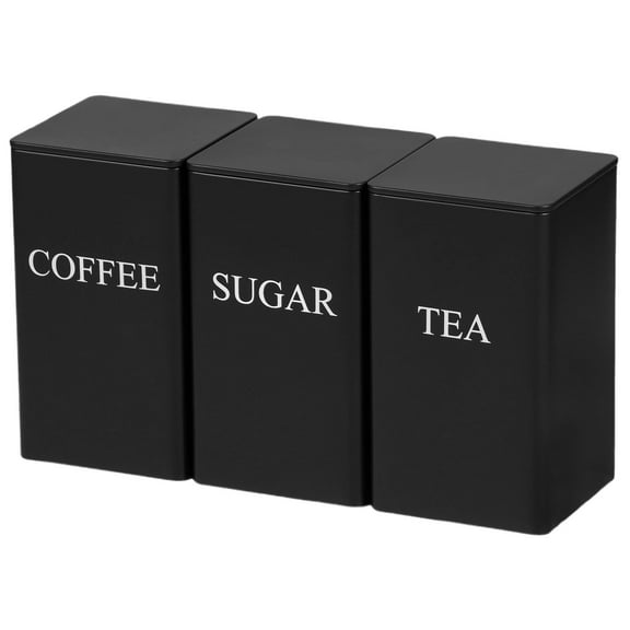 WEIWEIGG Black Tinplate Storage Canisters Set of 3 - Airtight Tea/Coffee/Sugar Containers with Seal, Modern Pantry Organization Set for Countertop Display & Gift Giving
